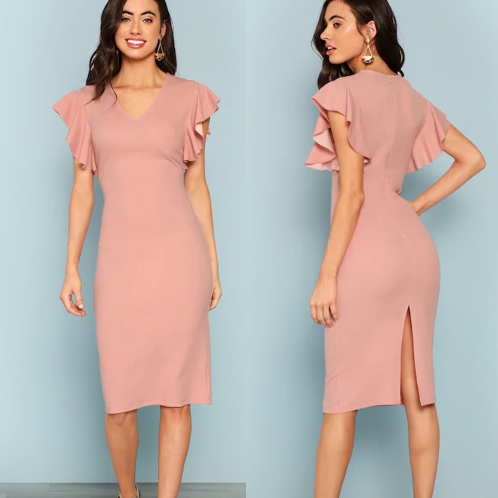 Pink Ruffle Sleeve Midi Dress